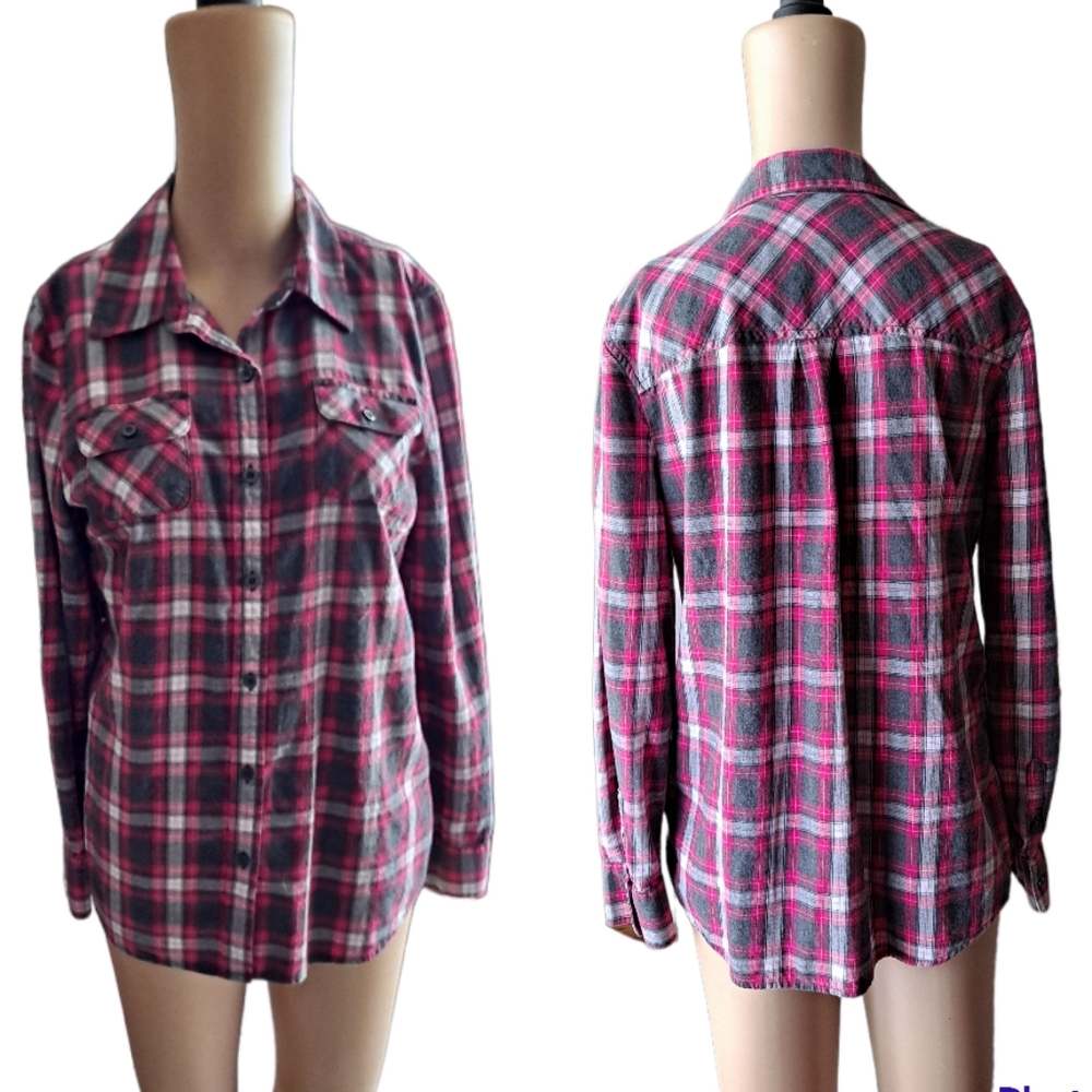 Izod pink and grays plaid flannel long sleeve button down shirt, PM